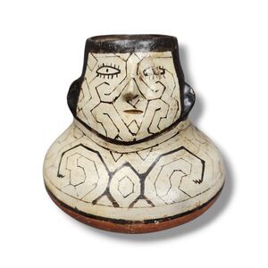 Vintage Peruvian Shipibo Conibo Pottery Face Vase Handmade Hand Painted Vessel